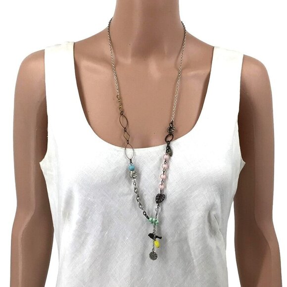 Plunder Lariat Necklace Mixed Metals Bird Flower Beaded - Picture 1 of 3